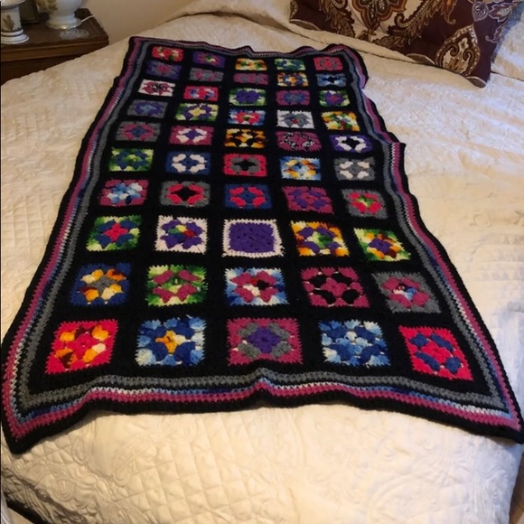 Vintage Granny Square Black Afghan Crochet Runner Bed Pillow Cover Topper 53x26 - Picture 6 of 7